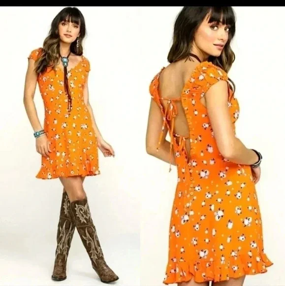 Free People Like a Lady Orange Citrus Floral Mini Dress Lace Up Back S NWT - Picture 15 of 16